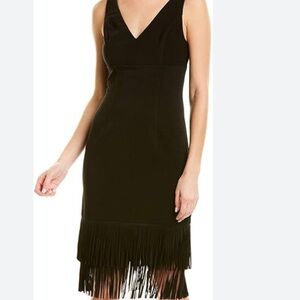 Adrianna Papell Black V-Neck Midi Dress 6 fringe hem